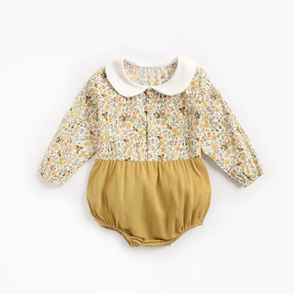 Baby Girls Flower Printed Collar Romper Mustard